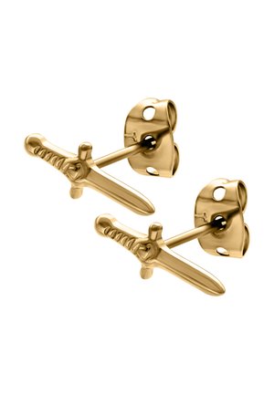 Gold-plated stud earrings shaped like swords, featuring a detailed grip and blade design, with a polished finish and secure backing.
