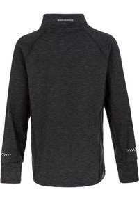 Zwarte langemouwen sporttop met hoge kraag, voorzien van een gestructureerde stof en reflecterende accenten op de mouwen. Merklogo op de achterkant.