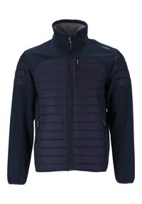 Marineblå dunjakke med lynlåslukning og lommer, der har et tekstureret paneldesign på brystet og glatte ærmer.