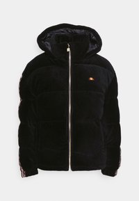 Veste noire matelassée à capuche avec fermeture éclair à l'avant et petit logo coloré sur la poitrine gauche, en tissu velours côtelé.