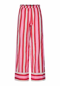 Pantalons évasés à rayures roses, rouges et beiges. Fabriqués en tissu léger avec une taille élastique et un ourlet rayé contrasté.