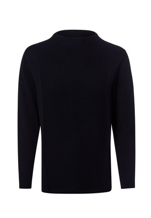 Schwarzer langärmeliger Strickpullover mit Rundhalsausschnitt und strukturierten vertikalen Paneeldetails auf der Vorderseite, dargestellt vor weißem Hintergrund.