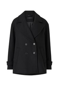 Abrigo de mezcla de lana negro con un diseño de doble botonadura, grandes solapas, dos bolsillos frontales y detalles de botones. Presenta un corte recto y mangas largas.