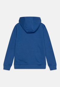 Modrá mikina s kapucňou z jemného materiálu, so sťahovacou šnúrkou a manžetami a spodným okrajom so žebrovaním. Jednoduchý dizajn, bez viditeľných log a vzorov.