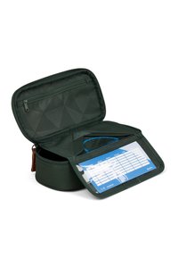 Green fabric pouch with a geometric texture, zip closure, and an interior pocket for cards and a clear window for displaying information.