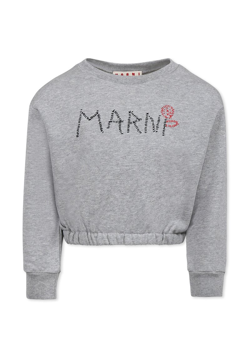 Felpa grigia corta con colletto rotondo, vita elasticizzata e testo ricamato in nero e rosso "MARNI" sul davanti. Texture morbida.