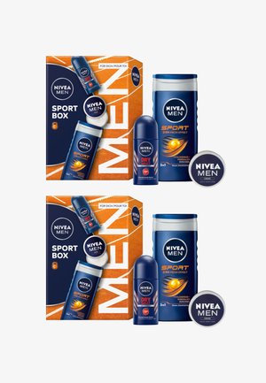 NIVEA MEN Sport Box includes body wash, deodorant, and cream. Containers are blue with white accents; packaging features orange details and logo.