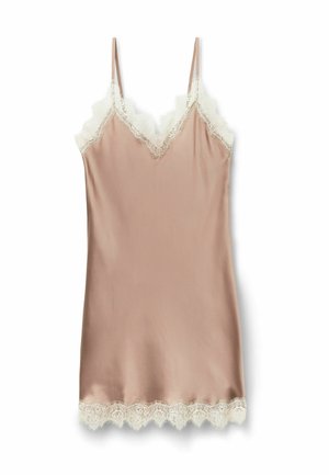Nude satin cami med justerbare stropper og hvid blonderkant langs udskæringen og kanten. Glat tekstur med fine florale blondeaccenter.
