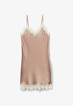 Nude satin cami med justerbare stropper og hvid blonderkant langs udskæringen og kanten. Glat tekstur med fine florale blondeaccenter.