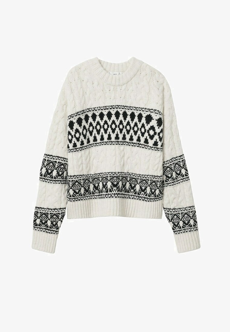 Pull blanc en maille torsadée avec des motifs géométriques noirs sur la poitrine, le bas des manches et l’ourlet, avec un col rond côtelé et des poignets.