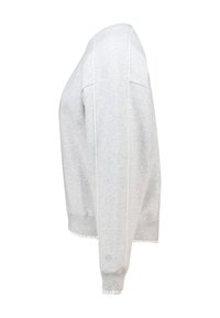 Sweat-shirt gris clair à manches longues, poignets côtelés et bordure décorative à l'ourlet. Présente un col rond et des détails sur les coutures latérales.