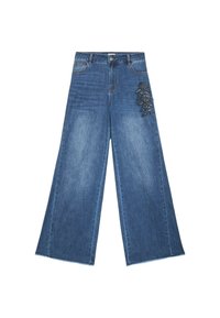 Jeans de mezclilla de pierna ancha en azul oscuro con un acabado descolorido, que presentan un intrincado bordado floral de cuentas en el lado derecho.