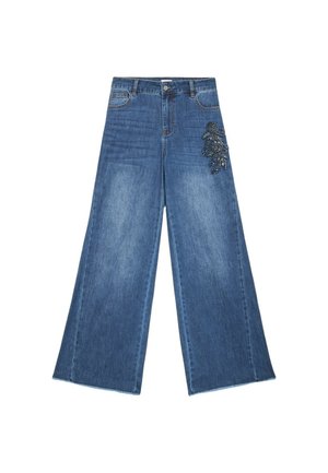 Wide-leg denim jeans in dark blue with a faded finish, featuring intricate beaded floral embroidery on the right side.