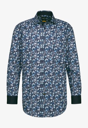 Camicia a maniche lunghe con base blu navy e un motivo paisley multicolore in blu e bianco. Presenta un colletto button-down e polsini a contrasto.