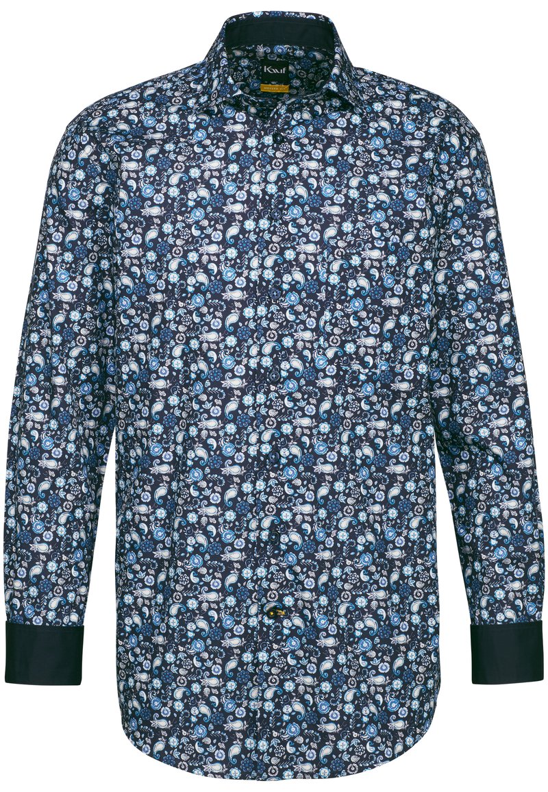 Camicia a maniche lunghe con base blu navy e un motivo paisley multicolore in blu e bianco. Presenta un colletto button-down e polsini a contrasto.