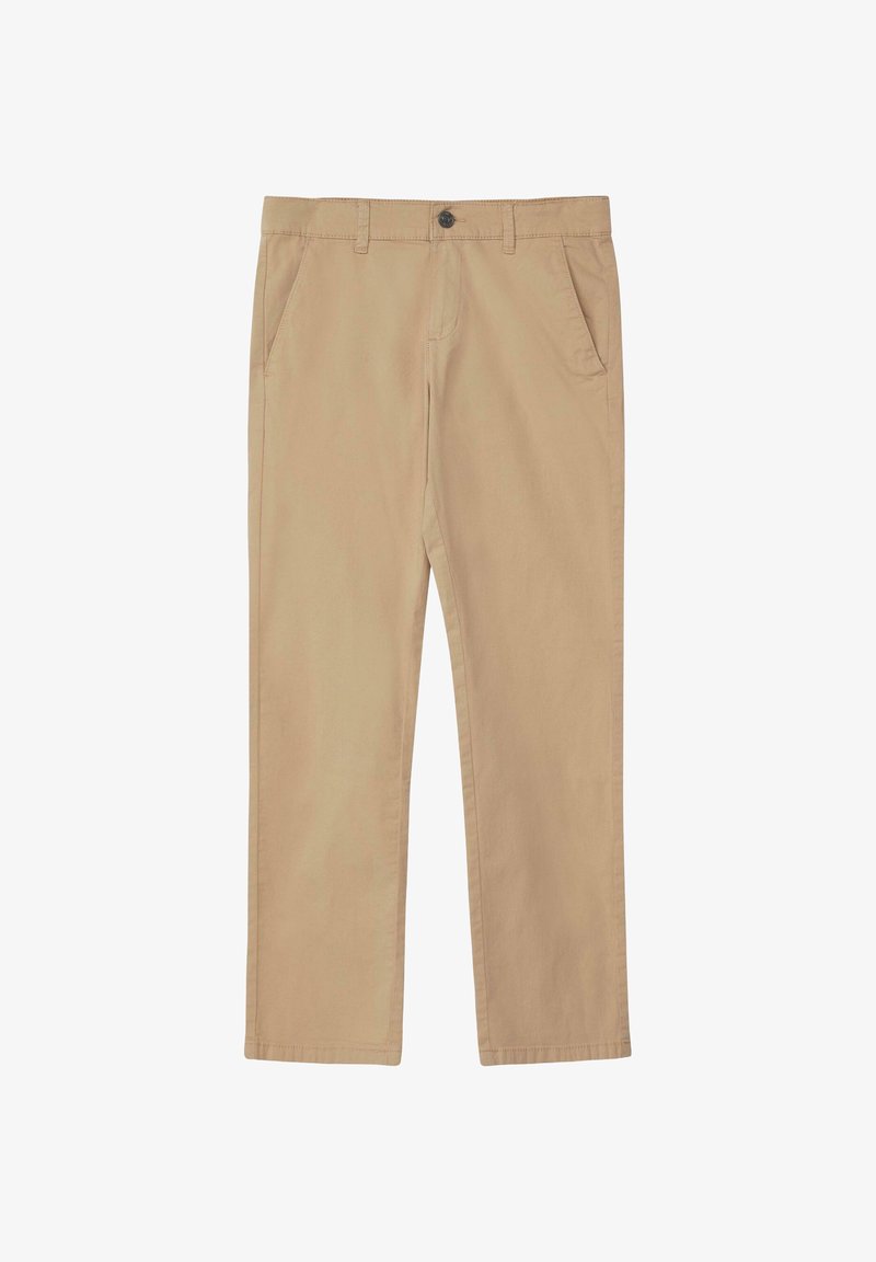 Pantalon beige en tissu lisse avec deux poches avant, une fermeture à bouton et une coupe droite. Sans motifs ni ornements.