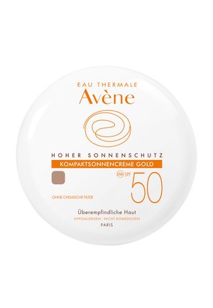 Avène SPF 50 compact sunscreen cream for very sensitive skin, hypoallergenic, chemical filter-free, labeled in German, white round container.