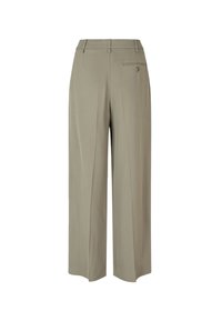 Pantaloni a gamba larga color khaki chiaro con una texture liscia, dotati di una tasca posteriore e dettagli cuciti sottili in vita.