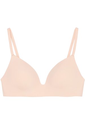 Sostenedor rosa claro con un diseño liso y sin costuras, que incluye tirantes delgados ajustables y un escote pronunciado. Hecho de un material suave y elástico.