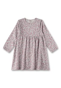 Langärmliges Kleid aus leichtem Stoff mit einem pastellfarbenen blumigen Muster in Rosa und Blau. Verfügt über einen runden Ausschnitt und eine geraffte Taille.