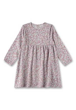 Langärmliges Kleid aus leichtem Stoff mit einem pastellfarbenen blumigen Muster in Rosa und Blau. Verfügt über einen runden Ausschnitt und eine geraffte Taille.