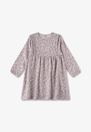 Langärmliges Kleid aus leichtem Stoff mit einem pastellfarbenen blumigen Muster in Rosa und Blau. Verfügt über einen runden Ausschnitt und eine geraffte Taille.