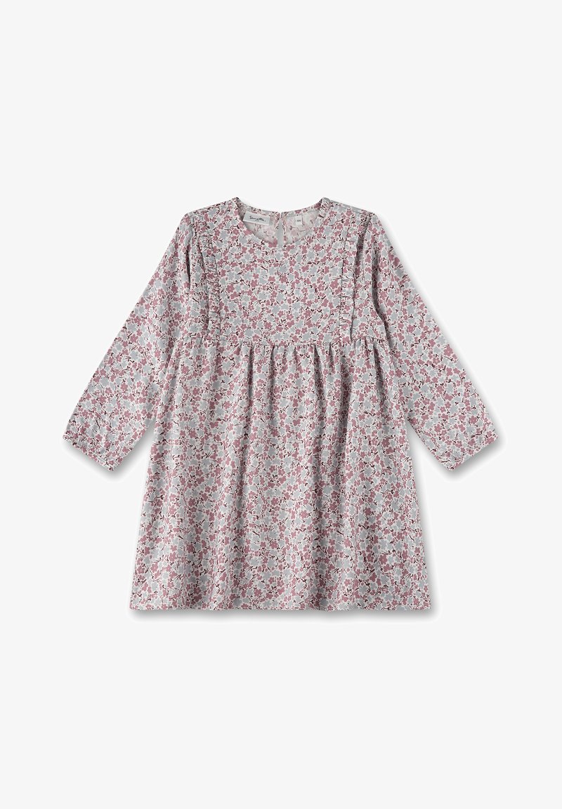 Langärmliges Kleid aus leichtem Stoff mit einem pastellfarbenen blumigen Muster in Rosa und Blau. Verfügt über einen runden Ausschnitt und eine geraffte Taille.