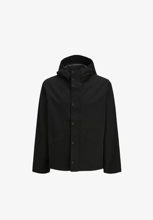 Black waterproof jacket featuring a hood, snap-button closure, and two front pockets with a simple design and smooth texture.