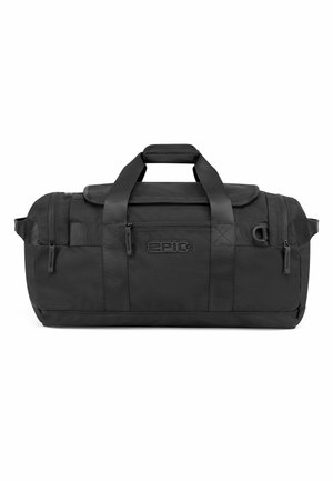 Borsa duffel in tessuto morbido nero con doppio manico, tasca frontale con cerniera, scomparti laterali e logo "EPIC" sul pannello frontale.