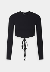 Mustat lyhyet hihat crop-topit, joissa on ribbitekstuuri ja solmittava yksityiskohta helmassa. Ominaisuuksiin kuuluu pyöreä pääntie ja tiukat hihat.