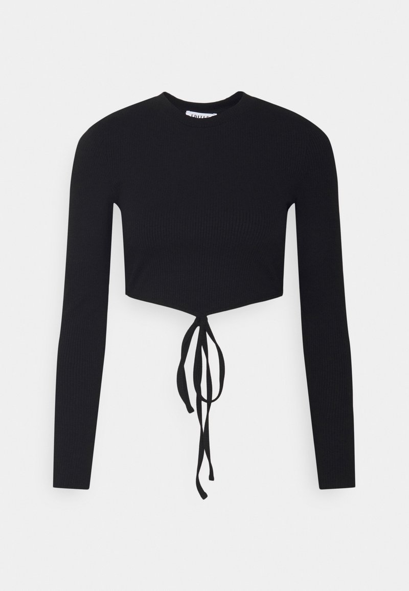 Mustat lyhyet hihat crop-topit, joissa on ribbitekstuuri ja solmittava yksityiskohta helmassa. Ominaisuuksiin kuuluu pyöreä pääntie ja tiukat hihat.