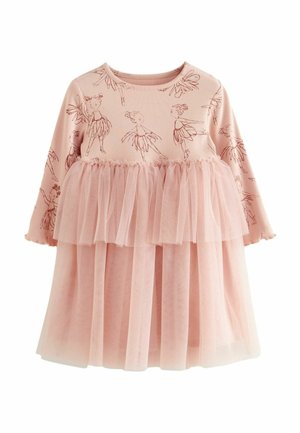 Robe rose à manches longues pour tout-petit avec des esquisses de ballerines sur le haut et une jupe en tulle à plusieurs couches.