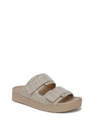 I sandali beige senza chiusura presentano due ampie cinghie, una trama intrecciata con accenti blu e una suola in schiuma spessa per il massimo comfort.