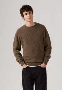 Brown knit sweater with a textured finish, crew neckline, and ribbed cuffs and hem. Worn over a white shirt with dark jeans.