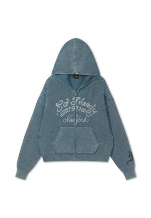 Ed Hardy, MENS WASHED SOARING DRAGON KNITTED BOXY ZIP THRU HOODIE - Gilet - blue