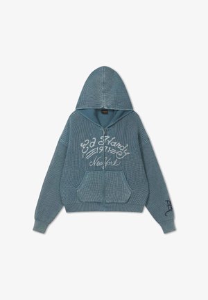 Ed Hardy, MENS WASHED SOARING DRAGON KNITTED BOXY ZIP THRU HOODIE - Gilet - blue