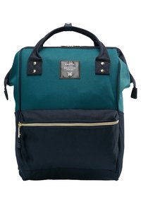 Sac à dos Anello vert et noir avec double poignée, poche zippée à l’avant et écusson logo sur le panneau avant supérieur.