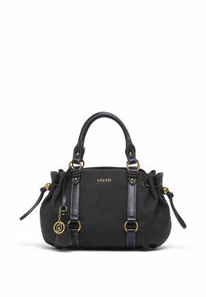 Sac à main noir avec double poignée, anneaux dorés, cordons latéraux, logo "LIU·JO" à l'avant et pendentif emblème doré suspendu.