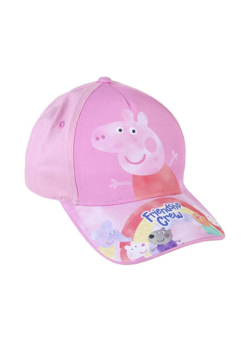 Gorra de béisbol rosa con una gran ilustración de Peppa Pig en la parte frontal y personajes más pequeños en el borde, todos con una textura suave.