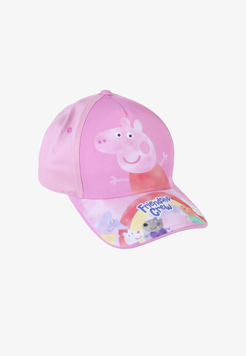 Roze pet met een grote illustratie van Peppa Pig op de voorkant en kleinere personages op de klep, allemaal met een gladde textuur.