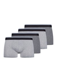 Quattro paia di boxer in cotone per uomo in diverse sfumature di grigio, con elastico blu scuro in vita, realizzati in un morbido e elastico mix di cotone.