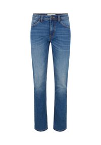 Jeans de mezclilla azul de pierna recta con bolsillos frontales, trabillas para cinturón, cierre de botón y un sutil desgastado en los muslos y las rodillas.