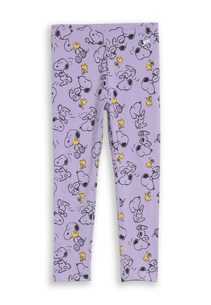 Paarse legging met zwart-witte Snoopy en gele Woodstock tekenfilmfiguren over het hele oppervlak gedrukt.