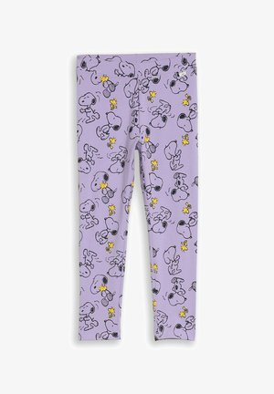Paarse legging met zwart-witte Snoopy en gele Woodstock tekenfilmfiguren over het hele oppervlak gedrukt.