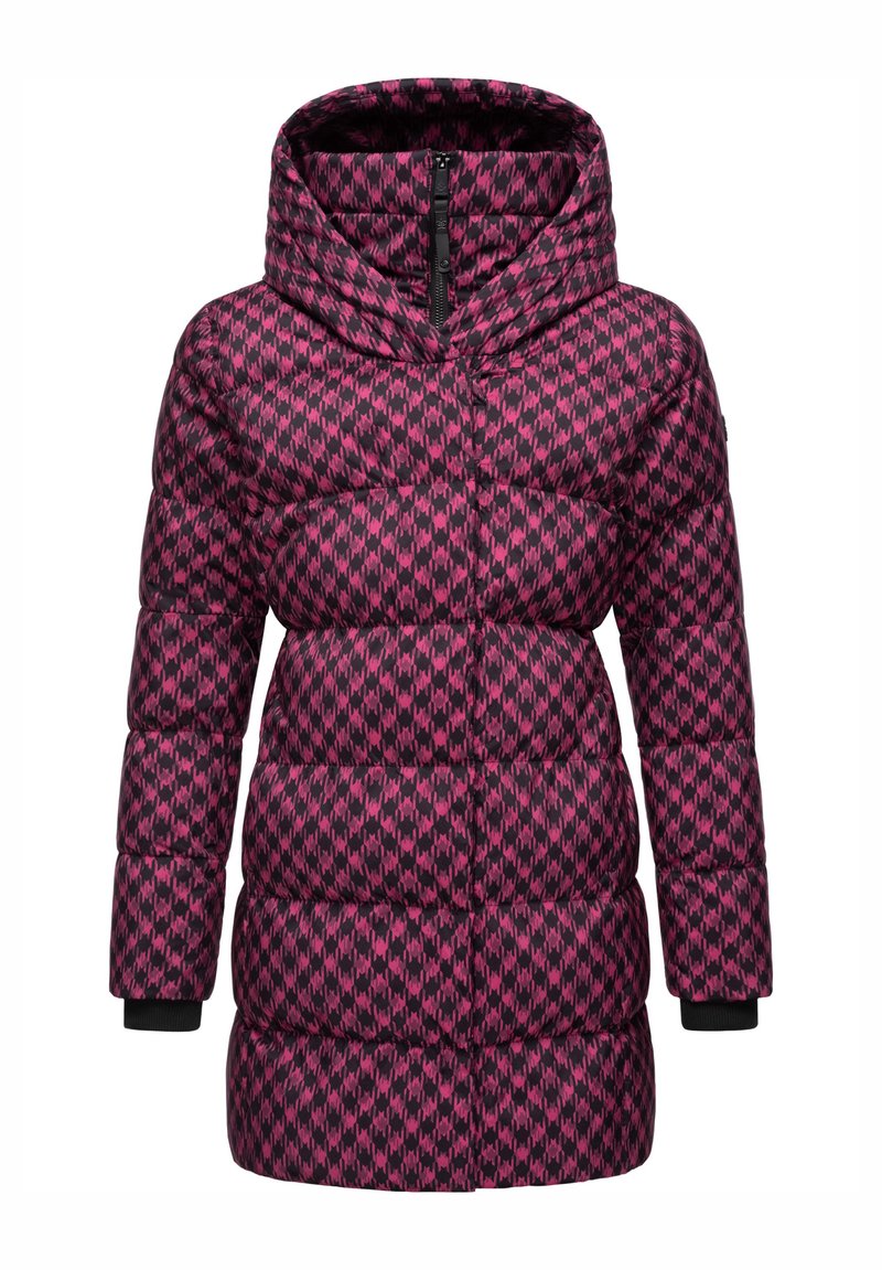 Cappotto imbottito in pattern houndstooth nero e magenta con colletto alto e chiusura frontale con zip; presenta polsini a coste e una silhouette snella.