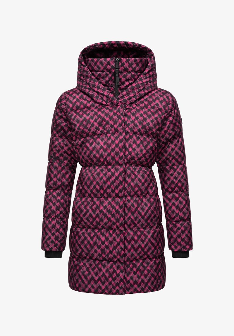 Padded coat in black and magenta houndstooth pattern with a high collar and zippered front; features ribbed cuffs and a streamlined silhouette.