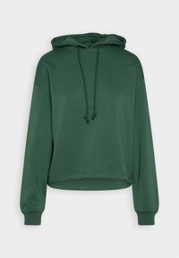 Grön kortärmad hoodie tillverkad av mjukt tyg, med snörning i huvan, långa ärmar samt ribbade muddar och nederkant. Slät yta utan mönster.