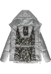 Giacca a vento grigia con interno foderato caratterizzato da un motivo floreale. Include un cappuccio e numerose tasche interne per riporre oggetti.