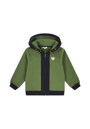Green and black toddler zip-up hoodie with a bear face patch on the chest and an adjustable hood with orange eyelets.