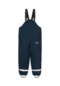 Marineblaue wasserdichte Latzhosen mit verstellbaren Trägern, elastischen Beinabschlüssen, reflektierenden Streifen am Saum und Seitentaschen.